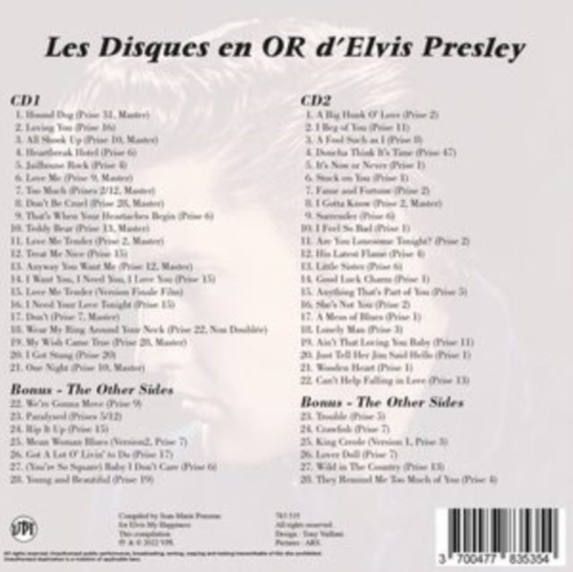 This CD is brand new.Format: CDMusic Style: BalladThis item's title is: Les Disques En Or D'elvis (2CD)Artist: Elvis PresleyLabel: L.M.L.R.Barcode: 3700477835354Release Date: 1/6/2023